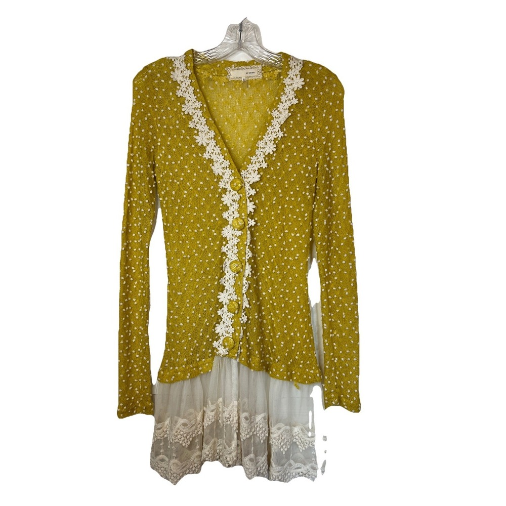 A'reve Mustard Yellow Cardigan Swtr Pom Poms Lace Small Jumbo Fairycore Peplum‎